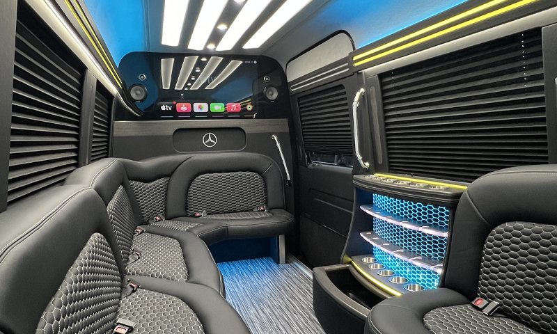 Mercedes-Benz Sprinter Party Bus Limousine interior - Vanity Limousines Inc.