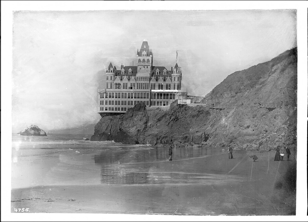 The original Victorian Cliff House above Ocean Beach and Seal Rocks, San Francisco, circa 1900