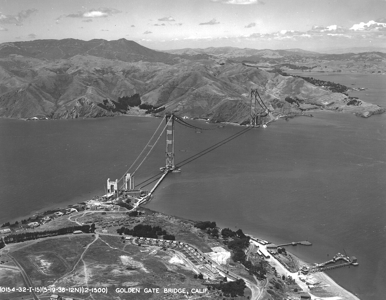 Aerial view of the Golden Gate Bridge under construction in the 1930s (U.S. National Archives)