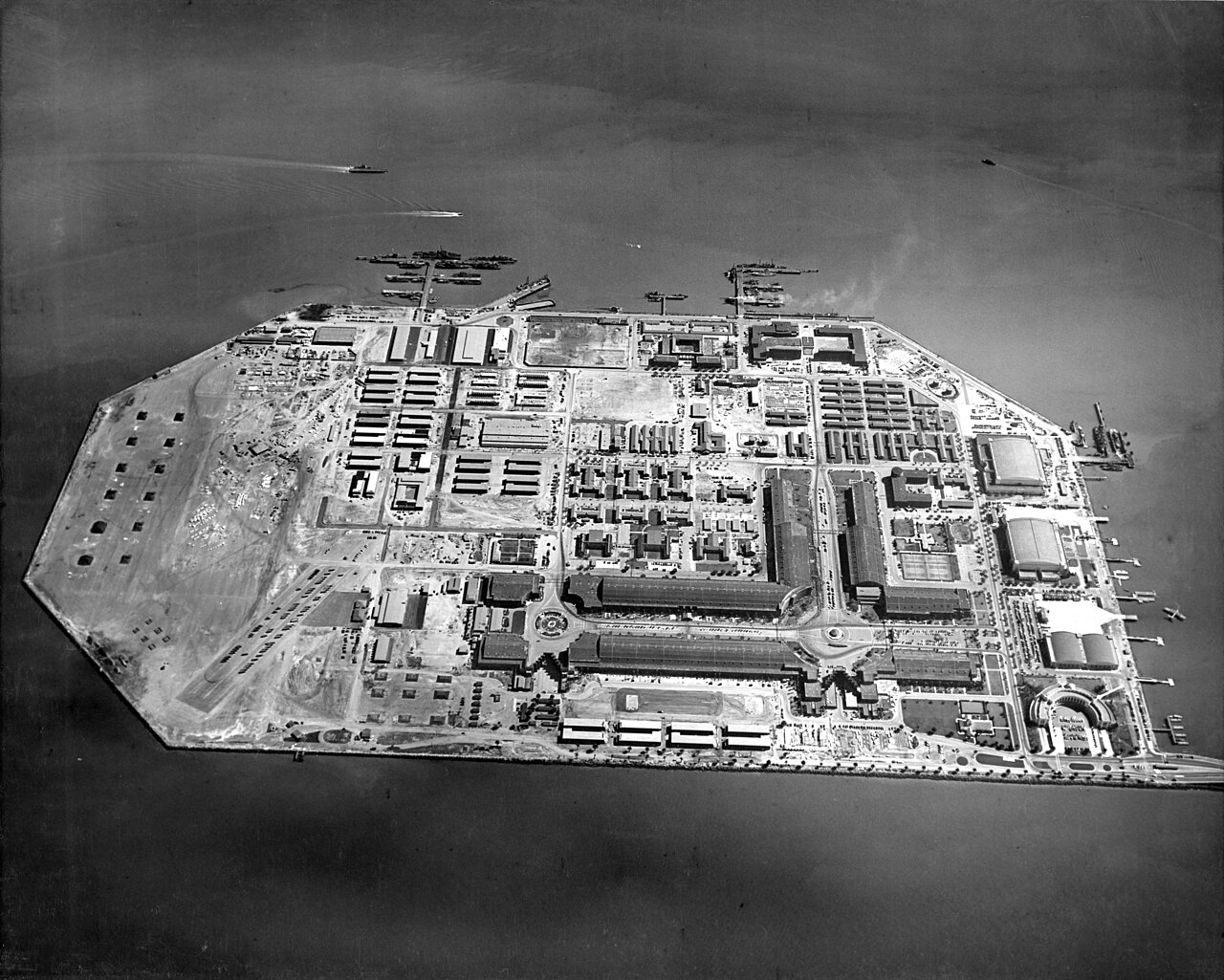 Aerial view of Treasure Island, built for the 1939 Golden Gate International Exposition (U.S. Navy aerial, 1944)